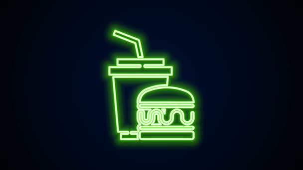 Gloeiende neon lijn Papier glas met drinkstro en hamburger pictogram geïsoleerd op zwarte achtergrond. Soda aqua bordje. Hamburger, cheeseburger sandwich. 4K Video motion grafische animatie — Stockvideo