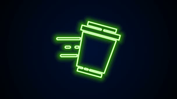 Ragyogó neon line kávé csésze menni ikon elszigetelt fekete háttér. 4K Videó mozgás grafikus animáció — Stock videók