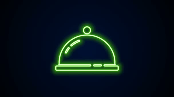 Ligne lumineuse au néon Recouverte d'un plateau d'icône alimentaire isolé sur fond noir. Plaque de plateau et couvercle. Cloche restaurant avec couvercle. Animation graphique de mouvement vidéo 4K — Video