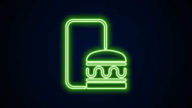 Parlayan neon hattı çevrimiçi sipariş veren ve fast food dağıtım ikonu siyah arkaplanda izole edilmiş. Burger tabelası. 4K Video hareketli grafik canlandırması