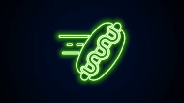 Parlayan neon hattı çevrimiçi sipariş veren ve siyah arkaplanda izole edilmiş sosisli sandviç ikonu. Sosis ikonu. Fast food burcu. 4K Video hareketli grafik canlandırması