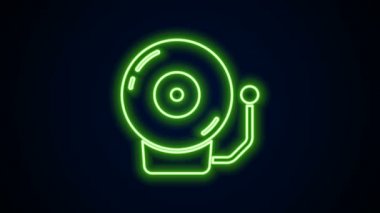 Parlayan neon hattı alarm zili simgesi siyah arkaplanda izole edildi. Alarm sembolü, servis zili, el zili işareti, uyarı sembolü. 4K Video hareketli grafik canlandırması