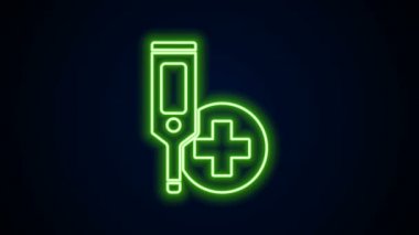 Tıbbi inceleme ikonu için parıldayan neon hattı dijital termometre siyah arka planda izole edildi. 4K Video hareketli grafik canlandırması