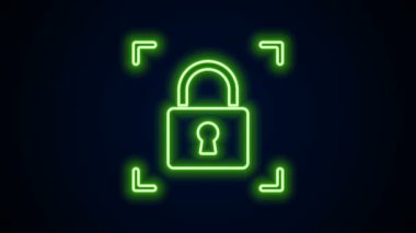 Siyah arkaplanda kilit simgesi izole edilmiş parlak neon çizgi parmak izi. Kimlik uygulaması simgesi. Kimlik işareti. Kimliğe dokun. 4K Video hareketli grafik canlandırması