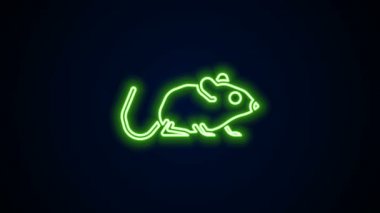 Parlayan neon çizgisi fare simgesi siyah arkaplanda izole edildi. Fare işareti. Hayvan sembolü. 4K Video hareketli grafik canlandırması