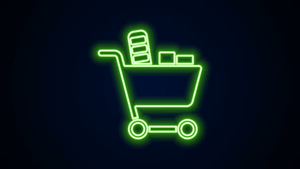 Parlayan neon hattı alışveriş arabası ve siyah arka planda izole edilmiş yiyecek ikonu. Yiyecek dükkanı, süpermarket. 4K Video hareketli grafik canlandırması — Stok video