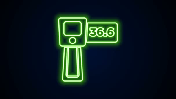 Leuchtendes Neon Line Digitales kontaktloses Thermometer mit Infrarotlicht-Symbol isoliert auf schwarzem Hintergrund. 4K Video Motion Grafik Animation — Stockvideo