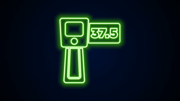 Žhnoucí neonová linka Digitální bezkontaktní teploměr s ikonou infračerveného světla izolovaný na černém pozadí. Grafická animace pohybu videa 4K — Stock video