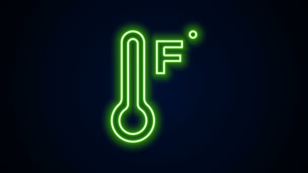 Linea neon incandescente Termometro meteorologico che misura il calore e l'icona a freddo isolato su sfondo nero. Temperatura Fahrenheit. Animazione grafica 4K Video motion — Video Stock