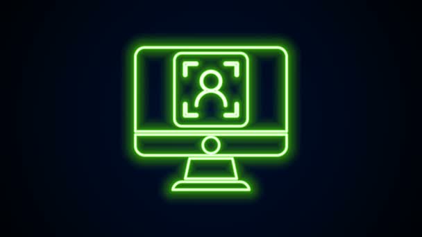 Gloeiende neon lijn Monitor met gezichtsherkenning pictogram geïsoleerd op zwarte achtergrond. Gezicht identificatie scanner icoon. Gezichtsidentificatie. Cybersecurity concept. 4K Video motion grafische animatie — Stockvideo