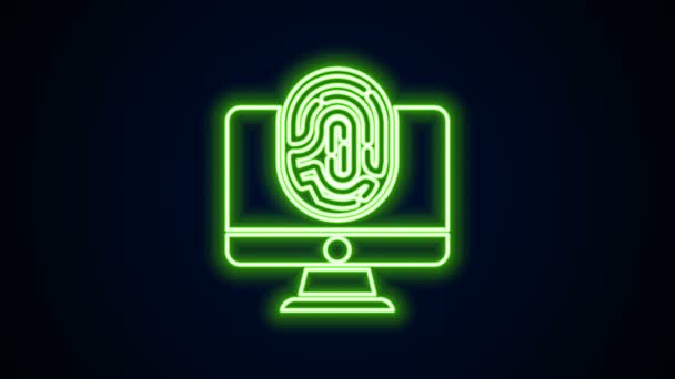 Leuchtender Neon Line Monitor mit Fingerabdrucksymbol isoliert auf schwarzem Hintergrund. ID-App-Symbol. Erkennungszeichen. Berühren Sie id. 4K Video Motion Grafik Animation — Stockvideo