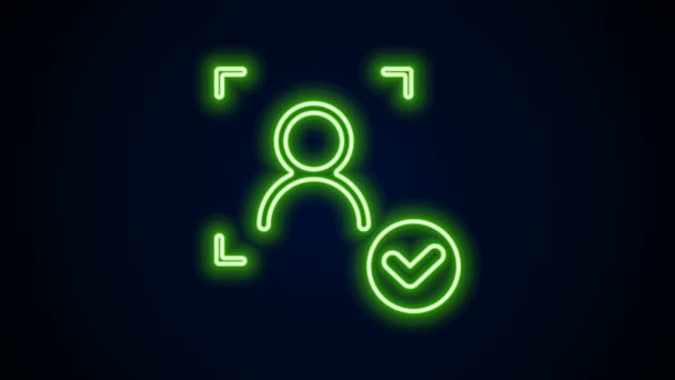 Glowing neon line Face recognition with check mark icon isolated on black background. Face identification scanner icon. Facial id. Cyber security concept. 4K Video motion graphic animation — Stock Video