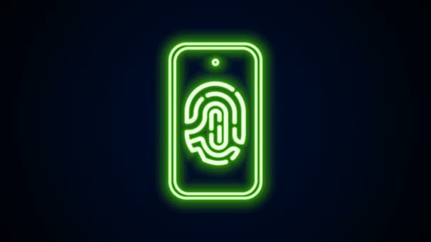 Mengeluarkan ponsel pintar bergaris neon dengan ikon pemindai sidik jari yang terisolasi pada latar belakang hitam. Konsep keamanan, akses pribadi melalui jari pada ponsel. Animasi grafis gerak Video 4K — Stok Video