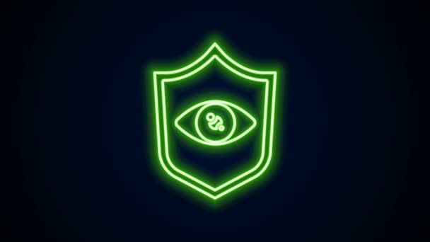 Glowing neon line Shield eye scan icon isolated on black background. Scanning eye. Security check symbol. Cyber eye sign. 4K Video motion graphic animation — Stock Video