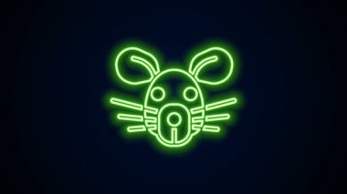 Parlayan neon hattı fare kafası simgesi siyah arkaplanda izole edildi. Fare işareti. Hayvan sembolü. 4K Video hareketli grafik canlandırması