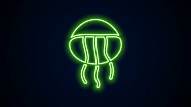 Parlayan neon hattı Denizanası simgesi siyah arka planda izole edildi. 4K Video hareketli grafik canlandırması