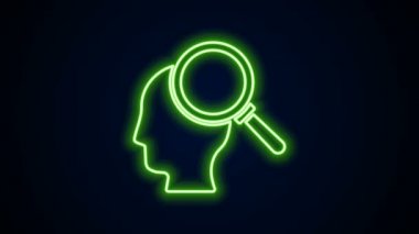 Parlayan neon hattı siyah arkaplanda izole edilmiş psikoloji ikonunda bir sorun buluyor. 4K Video hareketli grafik canlandırması