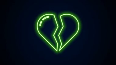 Parlayan neon hattı. Kırık kalp ya da boşanma ikonu. Siyah arka planda izole edilmiş. Aşk sembolü. Sevgililer Günü. 4K Video hareketli grafik canlandırması