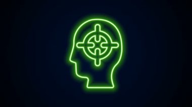Parlayan neon hattı siyah arkaplanda izole edilmiş psikoloji ikonunda bir sorun buluyor. 4K Video hareketli grafik canlandırması