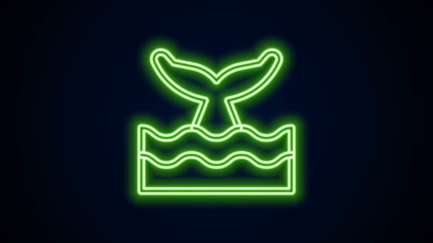 Glødende neonline Hvalhale i oceanbølge ikon isoleret på sort baggrund. 4K Video bevægelse grafisk animation – Stock-video