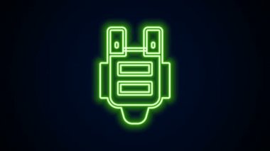 Siyah arka planda izole edilmiş kurşun ikonundan korunmak için parlak neon çizgili kurşun geçirmez yelek. Vücut zırhı işareti. Askeri kıyafetler. 4K Video hareketli grafik canlandırması