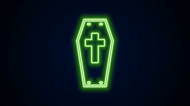 Parlak neon hattı Tabut ve Hıristiyan haç simgesi siyah arka planda izole edildi. Mutlu Cadılar Bayramı Partisi. 4K Video hareketli grafik canlandırması