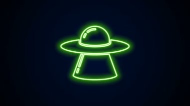 Parlayan neon hattı UFO uçan uzay gemisi simgesi siyah arkaplanda izole edildi. Uçan daire. Uzaylı uzay gemisi. Gelecekteki bilinmeyen uçan nesne. 4K Video hareketli grafik canlandırması
