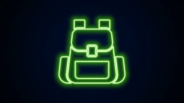 Parlayan neon çizgisi Yürüyüş sırt çantası simgesi siyah arkaplanda izole edildi. Kamp ve dağ gezisi sırt çantası. 4K Video hareketli grafik canlandırması
