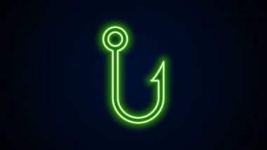 Parlayan neon hattı. Balıkçı kancası simgesi siyah arkaplanda izole edildi. Balık oltası. 4K Video hareketli grafik canlandırması