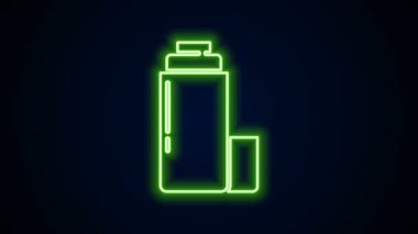 Parlayan neon hattı termos konteynır simgesi siyah arkaplanda izole edildi. Termo matara ikonu. Kamp ve yürüyüş ekipmanları. 4K Video hareketli grafik canlandırması