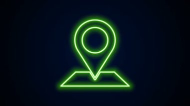Parlayan neon çizgi haritası simgesi siyah arkaplanda izole edildi. Navigasyon, işaret, konum, harita, GPS, yön, yer, pusula, arama konsepti. 4K Video hareketli grafik canlandırması