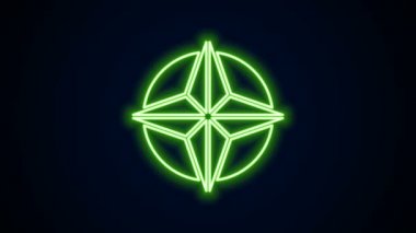 Parlayan neon çizgisi. Rüzgar simgesi siyah arkaplanda izole edilmiş. Seyahat için pusula simgesi. Navigasyon tasarımı. 4K Video hareketli grafik canlandırması