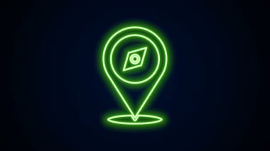 Parlayan neon hattı pusula simgesi siyah arkaplanda izole edildi. Rüzgâr yön bulma sembolü. Rüzgar gül işareti. 4K Video hareketli grafik canlandırması