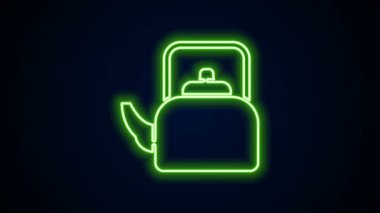 Siyah arka planda izole edilmiş kabza simgesi olan parlak neon çizgisi Kettle. Çaydanlık ikonu. 4K Video hareketli grafik canlandırması