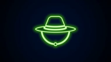 Parlayan neon hattı Kamp şapkası simgesi siyah arka planda izole edildi. Plaj şapkası panaması. Avcılık, yürüyüş ve turizm için gezgin şapkası. 4K Video hareketli grafik canlandırması