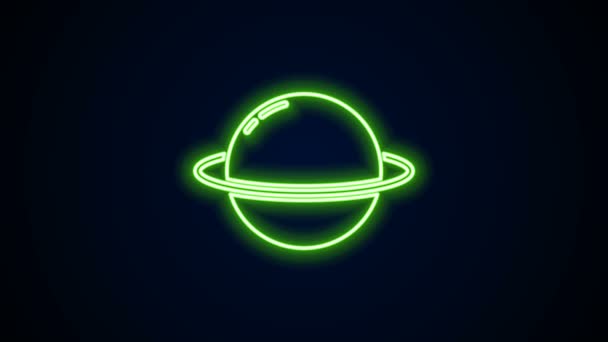 Žhnoucí neonová linie Planet Saturn s ikonou planetárního prstencového systému izolovanou na černém pozadí. Grafická animace pohybu videa 4K — Stock video