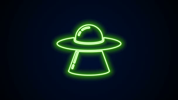 Świecąca neonowa ikona UFO latającego statku kosmicznego odizolowana na czarnym tle. Latający spodek. Kosmiczny statek kosmiczny. Futurystyczny, nieznany obiekt latający. 4K Animacja graficzna ruchu wideo — Wideo stockowe