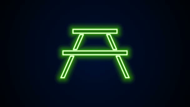 Świecąca neonowa linia Stolik piknikowy z ławkami po obu stronach ikony stołu odizolowany na czarnym tle. 4K Animacja graficzna ruchu wideo — Wideo stockowe