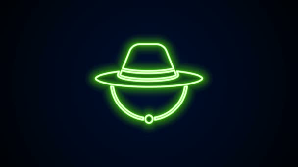 Świecąca neon linia Camping kapelusz ikona izolowane na czarnym tle. Kapelusz plażowy Panama. Explorer kapelusz podróżników na polowania, wędrówki, turystyka. 4K Animacja graficzna ruchu wideo — Wideo stockowe