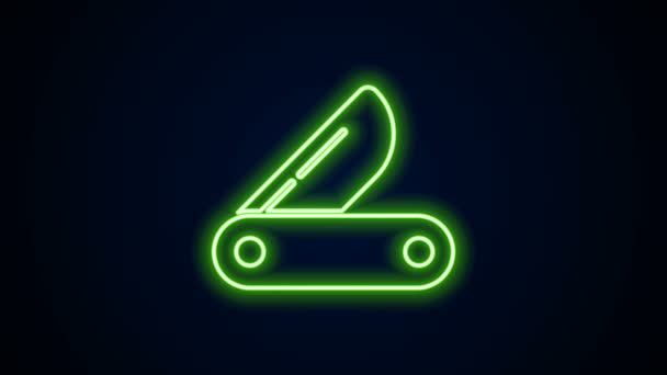 Leuchtende neonfarbene Schweizer Taschenmesser-Ikone isoliert auf schwarzem Hintergrund. Multifunktionswerkzeug, Mehrzweck-Taschenmesser. Multifunktionales Werkzeug. 4K Video Motion Grafik Animation — Stockvideo