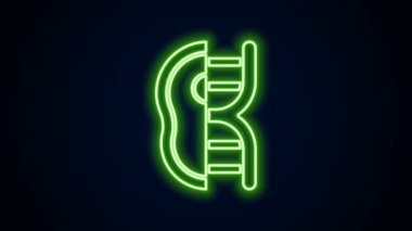 Parlayan neon hattı, siyah arkaplanda genetik olarak değiştirilmiş et simgesi izole edildi. Ete şırınga enjekte ediliyor. 4K Video hareketli grafik canlandırması