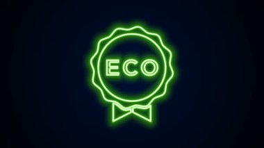 Parlak neon hattı Banner, etiket, etiket, eko yeşil sağlıklı yiyecek simgesi için logo siyah arkaplanda izole edilmiş. Organik ürün. Sağlıklı yemek etiketi. 4K Video hareketli grafik canlandırması