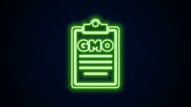 Brilhante ícone de OGM de linha de néon isolado no fundo preto. Acrónimo de organismo geneticamente modificado. Modificação de comida de ADN. Animação gráfica em movimento de vídeo 4K — Vídeo de Stock
