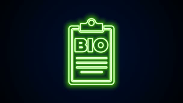 Linea neon incandescente Documento per bio verde icona del cibo sano isolato su sfondo nero. Prodotto biologico. Adesivo cibo sano. Animazione grafica 4K Video motion — Video Stock