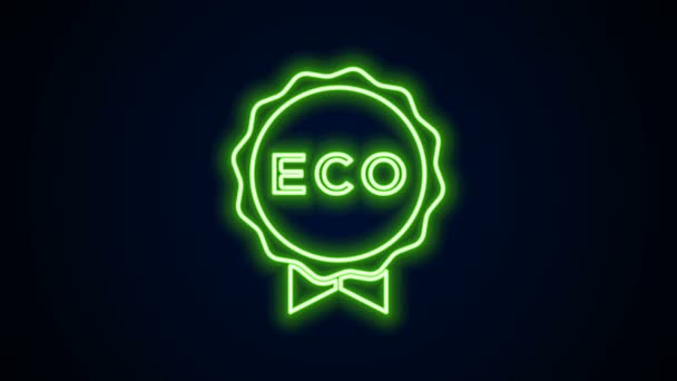 Línea de neón brillante Banner, etiqueta, etiqueta, logotipo para eco verde icono de alimentos saludables aislados sobre fondo negro. Producto ecológico. Pegatina de comida saludable. Animación gráfica de vídeo 4K — Vídeo de stock