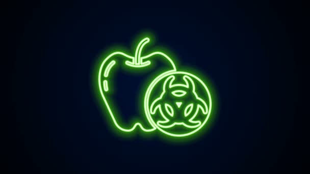 Leuchtende Neon-Linie Genetisch verändertes Apfelsymbol isoliert auf schwarzem Hintergrund. GVO-Früchte. 4K Video Motion Grafik Animation — Stockvideo
