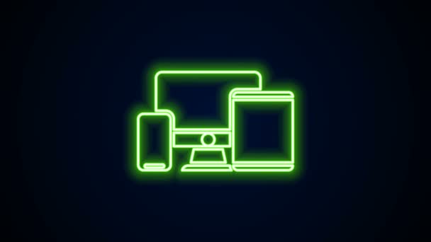 ネオンラインの拡大黒い背景に隔離されたコンピュータモニター、グラフィックタブレット、携帯電話のアイコン。インターネット、マーケティングの収益。4Kビデオモーショングラフィックアニメーション — ストック動画