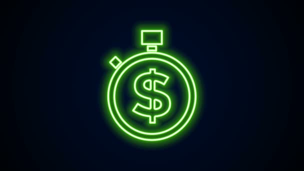 Glowing neon line Time adalah ikon uang yang terisolasi pada latar belakang hitam. Uang adalah waktu. Manajemen waktu yang efektif. Ubah waktu ke uang. Tanda penghentian. Animasi grafis gerak Video 4K — Stok Video