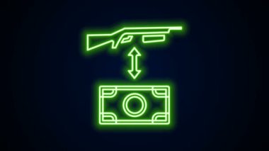 Parlayan neon hattı siyah arka planda izole edilmiş fiyat etiketli saldırı tüfeği alıyor. Silah satın alıyorum. 4K Video hareketli grafik canlandırması