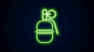 Parlayan neon hattı El bombası ikonu siyah arka planda izole edildi. Bomba patlaması. 4K Video hareketli grafik canlandırması